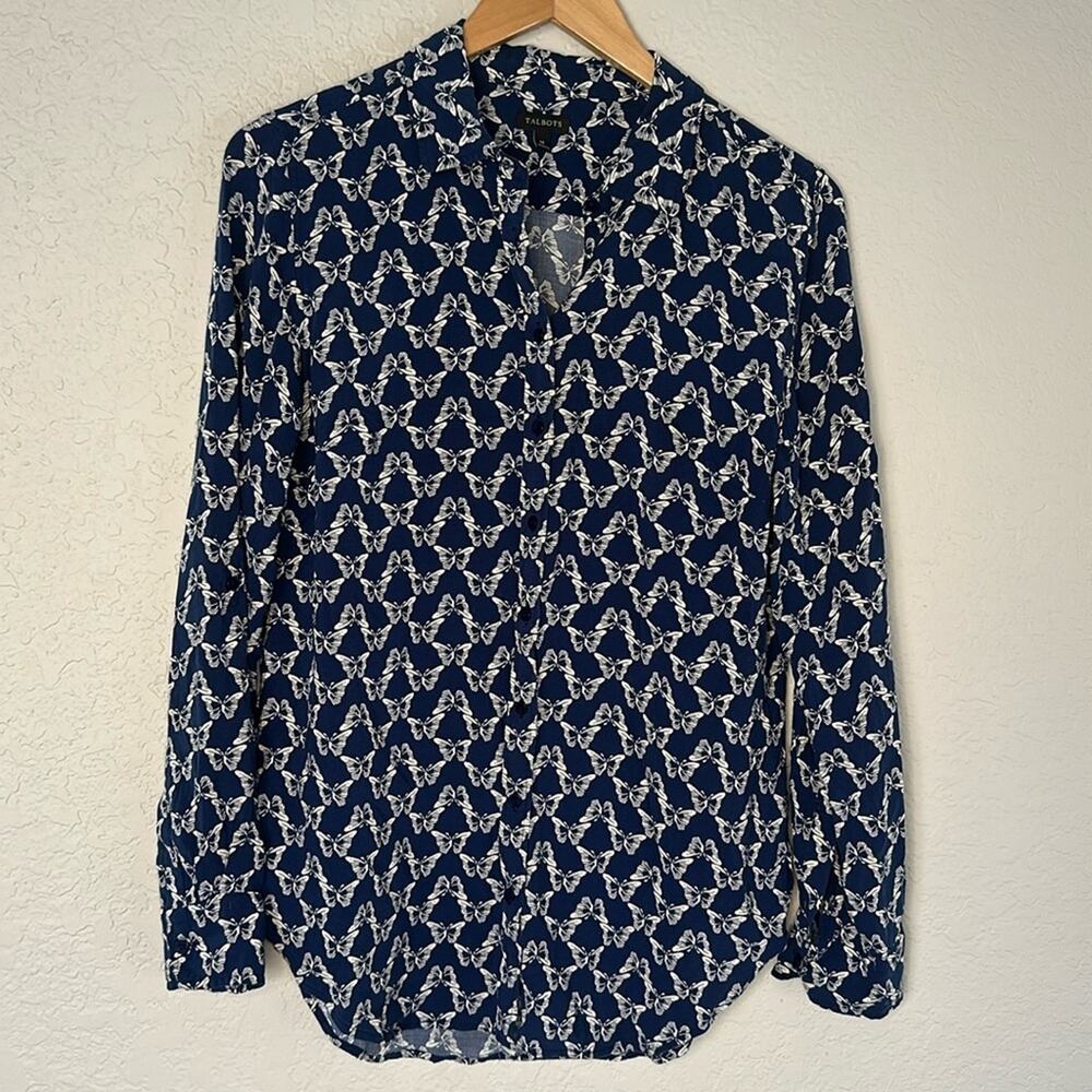 Talbots Butterfly Button Up Shirt Navy Blue Long Sleeve Spring Preppy Whimsical